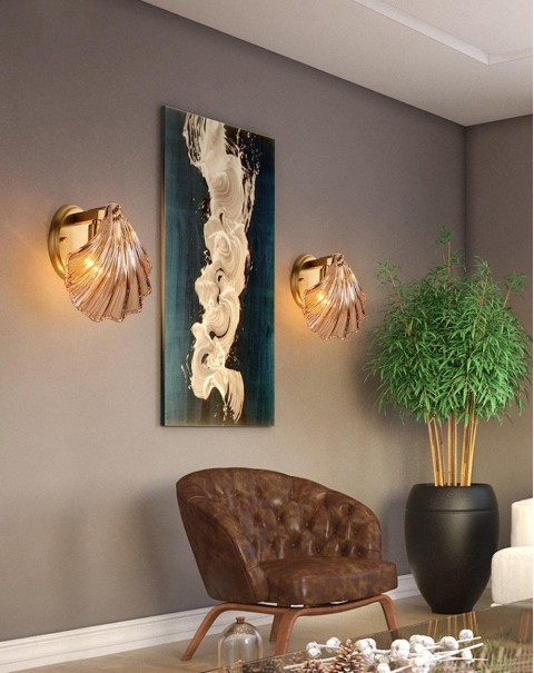 Shell wall lamp all copper light luxury living room background wall bedside personalised creative bedroom copper light