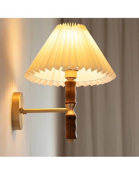 Scandinavian Japanese solid wood bedroom bedside wall lamp French retro iron net red pleated bedroom living room background light