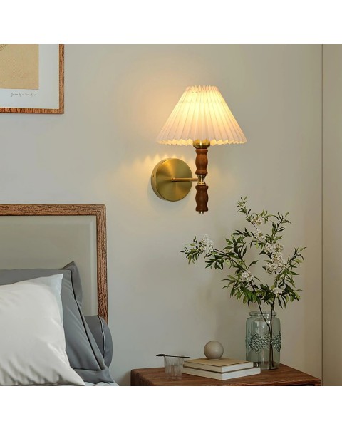 Scandinavian Japanese solid wood bedroom bedside wall lamp French retro iron net red pleated bedroom living room background light