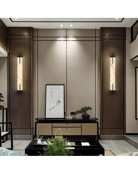 New Chinese style all copper Yunshi wall lamp long staircase living room TV background wall lamp net red creative bedroom bedside lamps