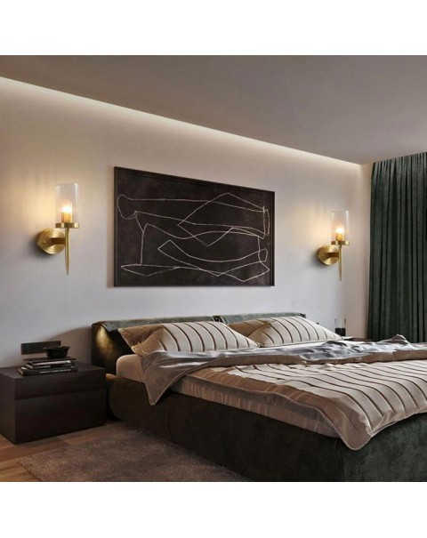 Minimalist light luxury all copper long wall lamp modern minimalist bedroom bedside designer living room TV background wall lights