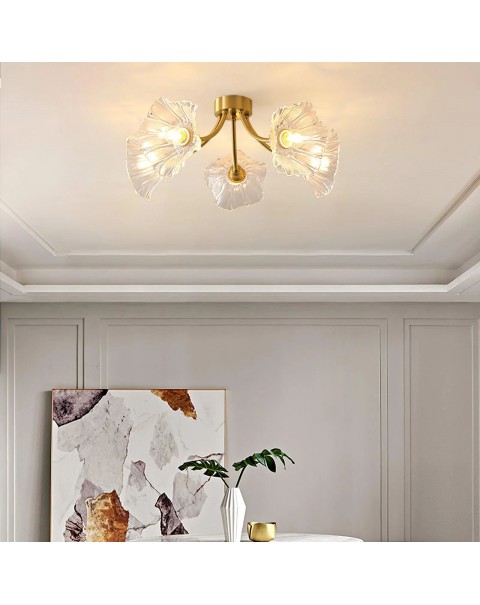 Full copper lotus leaf living room chandelier French light luxury glass ceiling lamps and lanterns Japanese retro study dining room master bedroom light