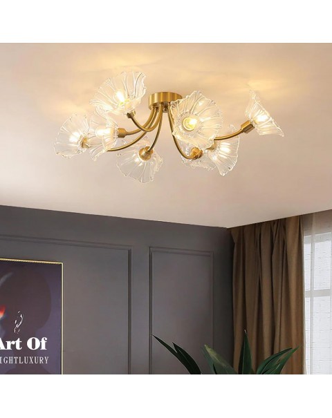 Full copper lotus leaf living room chandelier French light luxury glass ceiling lamps and lanterns Japanese retro study dining room master bedroom light