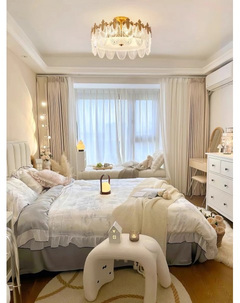 Vintage oval leaves glass ceiling lamp French light luxury bedroom living room dining room full copper chandelier