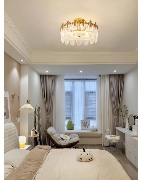 Vintage oval leaves glass ceiling lamp French light luxury bedroom living room dining room full copper chandelier