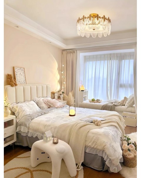 Vintage oval leaves glass ceiling lamp French light luxury bedroom living room dining room full copper chandelier