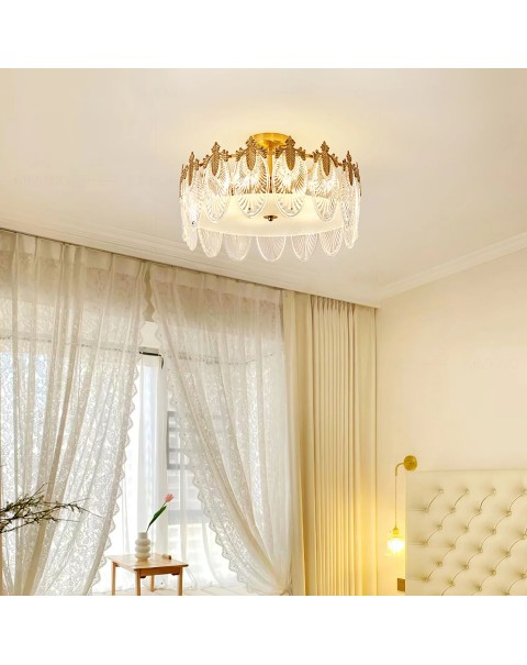 Vintage oval leaves glass ceiling lamp French light luxury bedroom living room dining room full copper chandelier