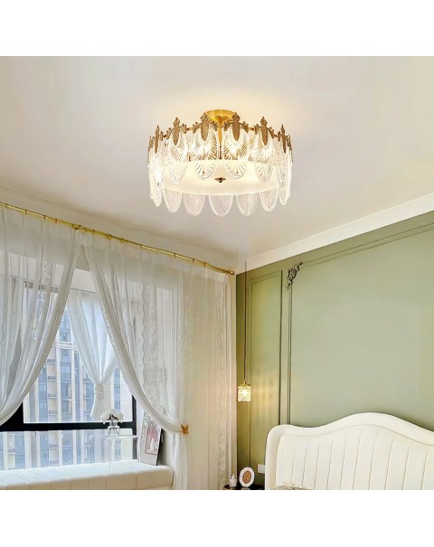 Vintage oval leaves glass ceiling lamp French light luxury bedroom living room dining room full copper chandelier