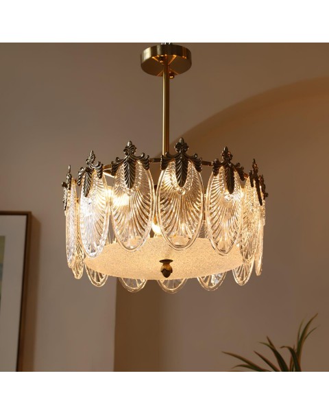 Vintage oval leaves glass ceiling lamp French light luxury bedroom living room dining room full copper chandelier
