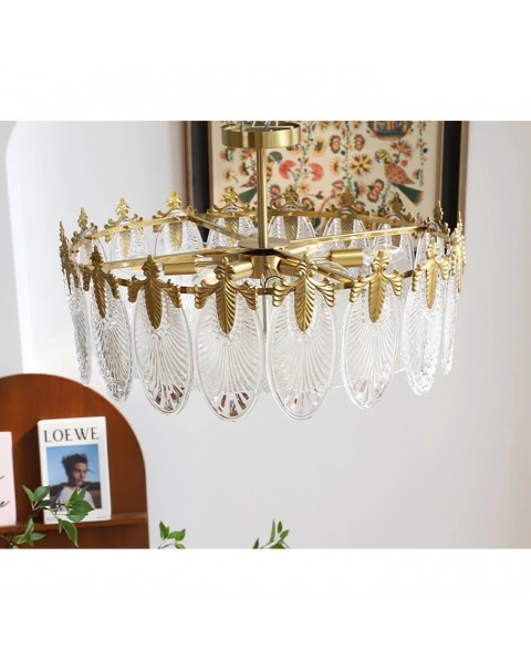 Vintage oval leaves glass ceiling lamp French light luxury bedroom living room dining room full copper chandelier