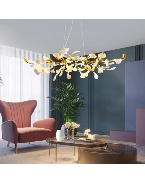 Modern living room chandelier net red ceramic ginkgo tree leaves artistic sense bedroom dining room light luxury hall modeling lamps and lanterns