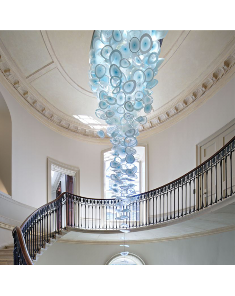 Villa staircase hollow blue glass plate chandelier