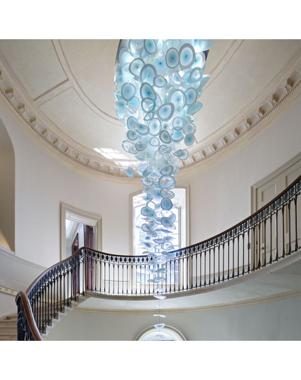 Villa staircase hollow blue glass plate chandelier