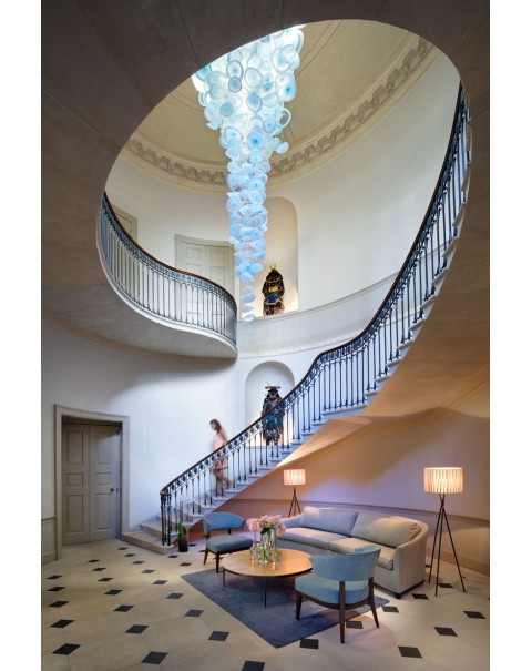 Villa staircase hollow blue glass plate chandelier