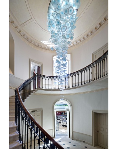 Villa staircase hollow blue glass plate chandelier