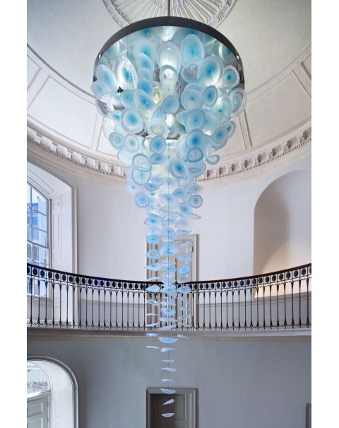 Villa staircase hollow blue glass plate chandelier