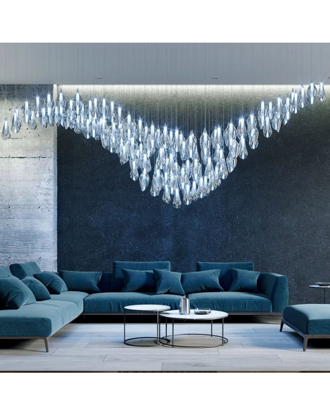 Villa living room with tall glass chandelier