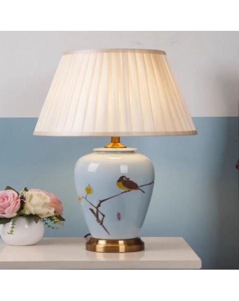 Table lamp bedroom bedside creative modern Chinese ceramic hand-painted fabric living room simple atmosphere copper color table lamp wedding