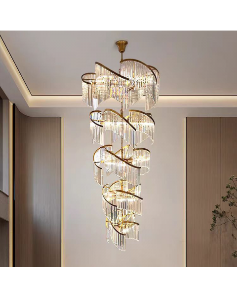 Villa living room hollow light luxury crystal staircase light duplex crystal long hollow leap lobby American large chandelier