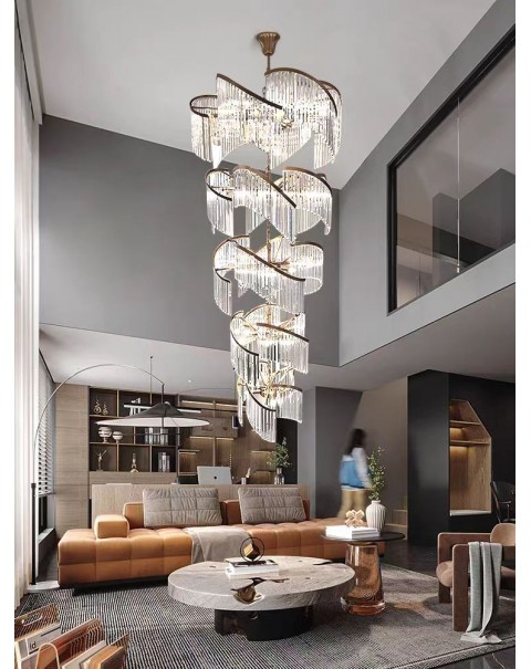 Villa living room hollow light luxury crystal staircase light duplex crystal long hollow leap lobby American large chandelier