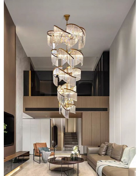 Villa living room hollow light luxury crystal staircase light duplex crystal long hollow leap lobby American large chandelier