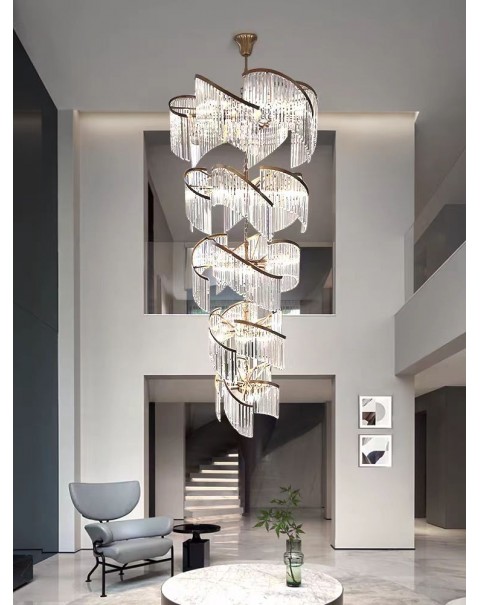Villa living room hollow light luxury crystal staircase light duplex crystal long hollow leap lobby American large chandelier