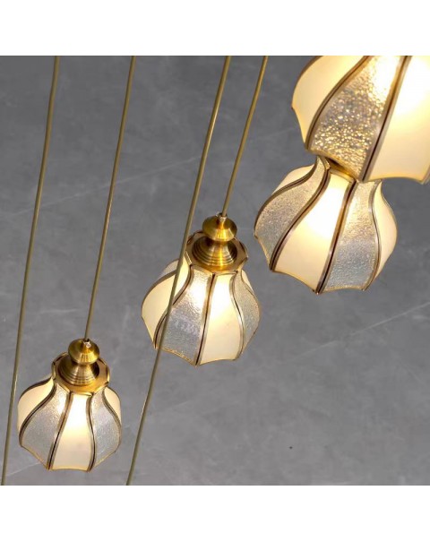Staircase long chandelier full copper European light luxury American simple flat duplex stairwell hollow villa chandelier