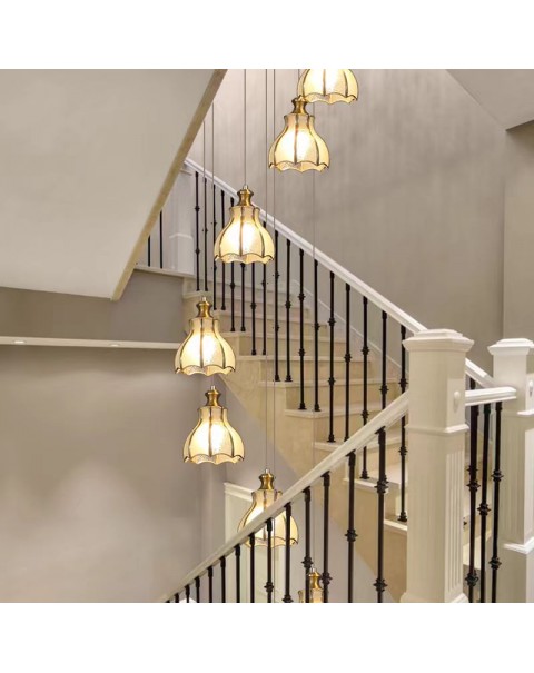 Staircase long chandelier full copper European light luxury American simple flat duplex stairwell hollow villa chandelier