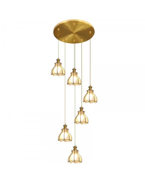 Staircase long chandelier full copper European light luxury American simple flat duplex stairwell hollow villa chandelier