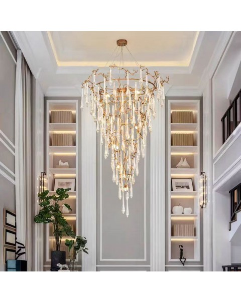 Villa crystal chandelier light luxury living room large chandelier duplex hollow rotating staircase light cone light full copper lamps and lanterns
