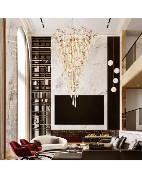 Villa crystal chandelier light luxury living room large chandelier duplex hollow rotating staircase light cone light full copper lamps and lanterns