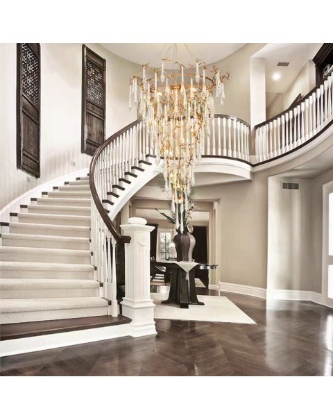 Villa crystal chandelier light luxury living room large chandelier duplex hollow rotating staircase light cone light full copper lamps and lanterns