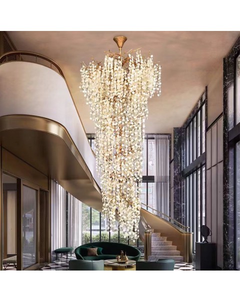 Villa light luxury living room crystal large chandelier rotating staircase light hollow living room chandelier full copper project custom lamps and lanterns