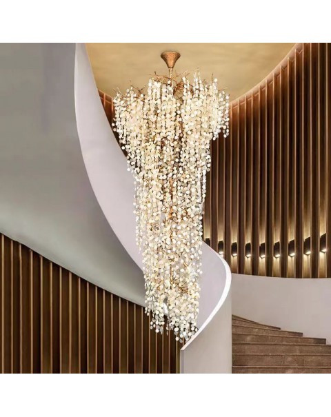 Villa light luxury living room crystal large chandelier rotating staircase light hollow living room chandelier full copper project custom lamps and lanterns