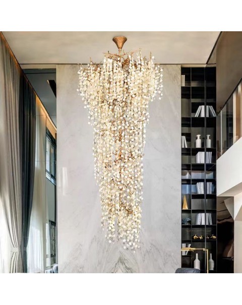 Villa light luxury living room crystal large chandelier rotating staircase light hollow living room chandelier full copper project custom lamps and lanterns