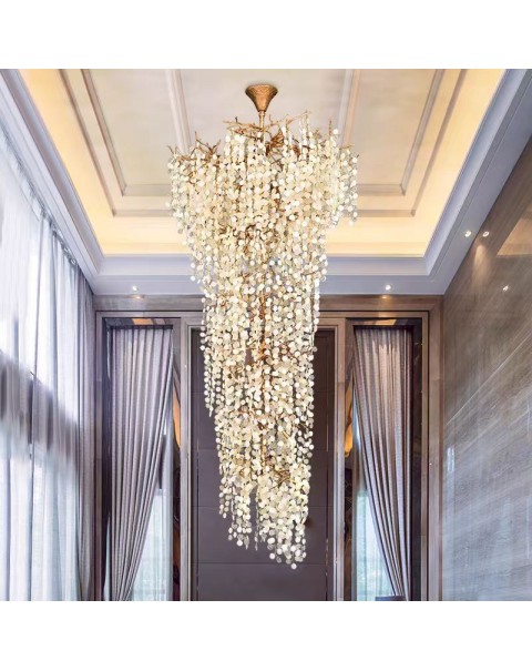 Villa light luxury living room crystal large chandelier rotating staircase light hollow living room chandelier full copper project custom lamps and lanterns