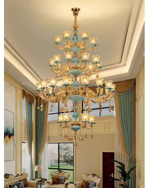 Villa duplex living room large chandelier European hollow staircase overhead leaping hall lamp luxury zinc alloy long chandelier