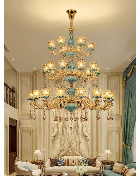 Villa duplex living room large chandelier European hollow staircase overhead leaping hall lamp luxury zinc alloy long chandelier