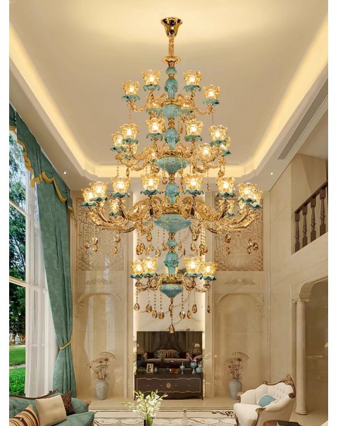 Villa duplex living room large chandelier European hollow staircase overhead leaping hall lamp luxury zinc alloy long chandelier